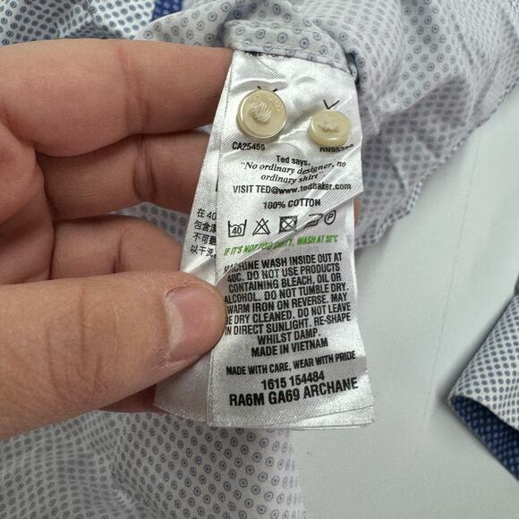 Ted Baker Shirt Mens Medium 15.5 32/33 Blue White Printed Button Down Endurance - Picture 5 of 13